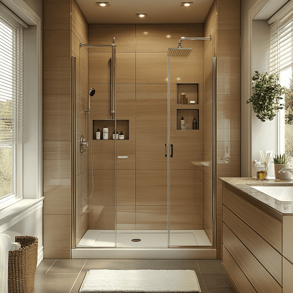a bathroom with a glass shower and sink