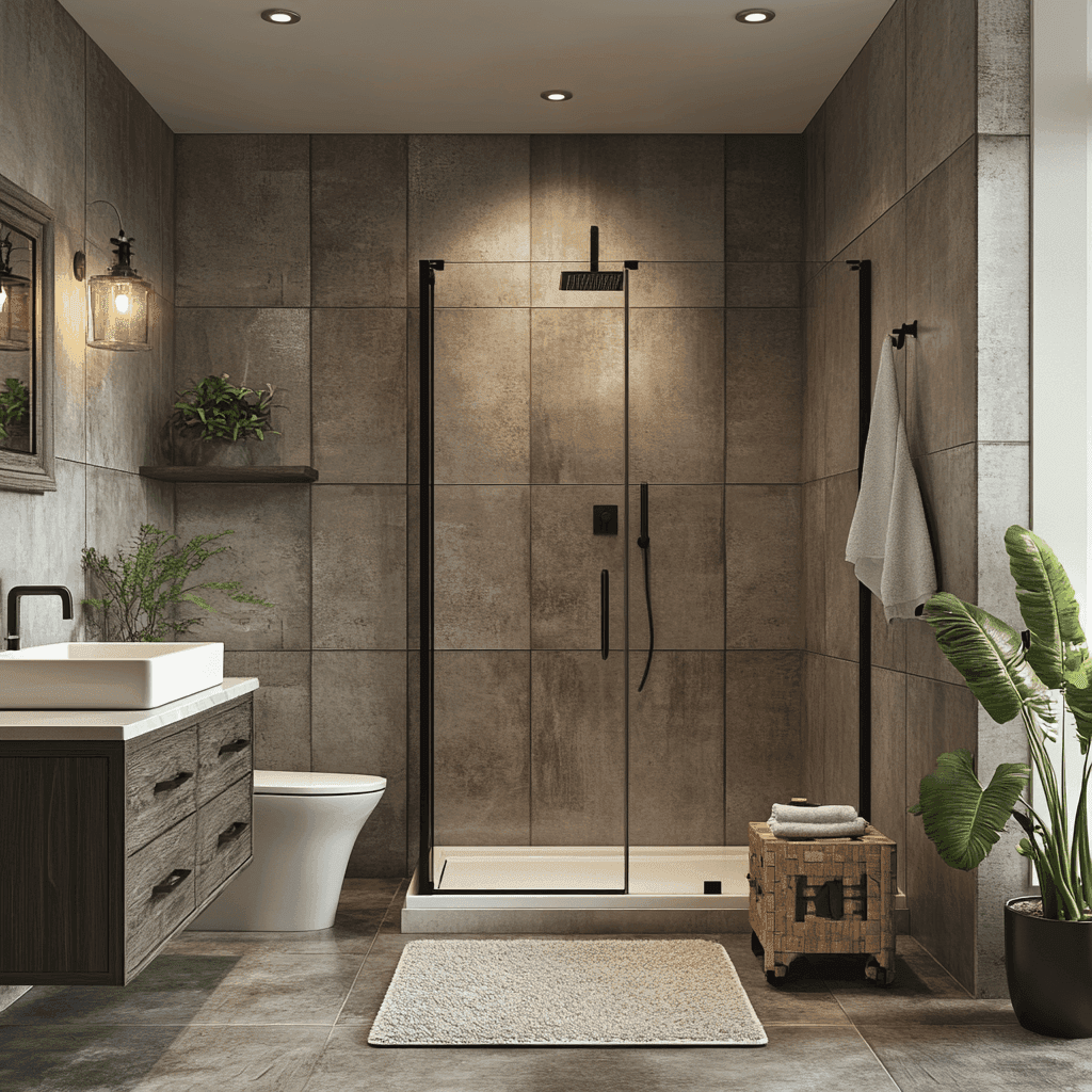 a bathroom with a glass shower and sink