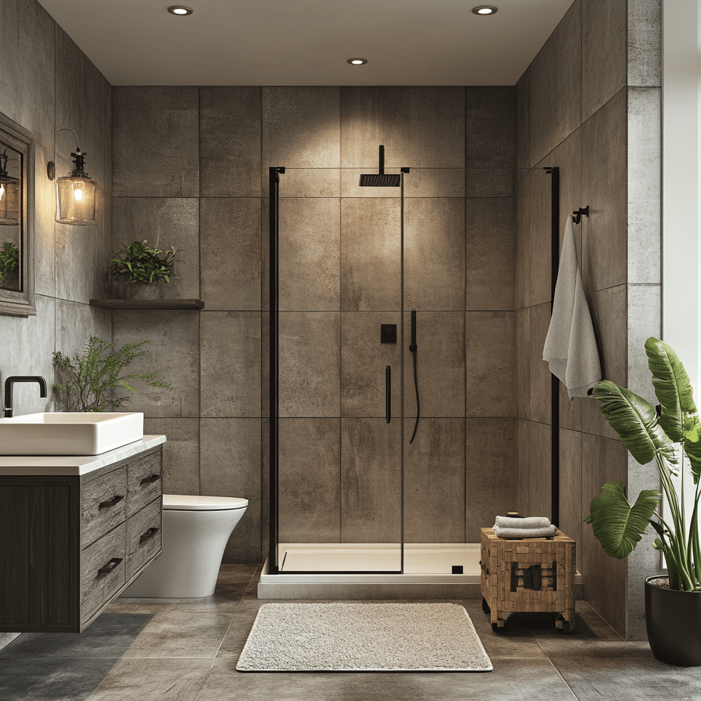 a bathroom with a glass shower and sink